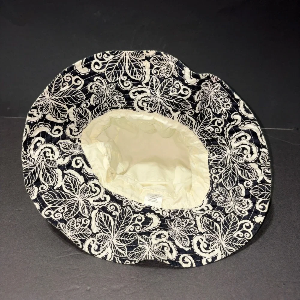 Navy Blue White Paisley Floral Cotton Bucket Hat Wide Brim Sun Hat RN 17730